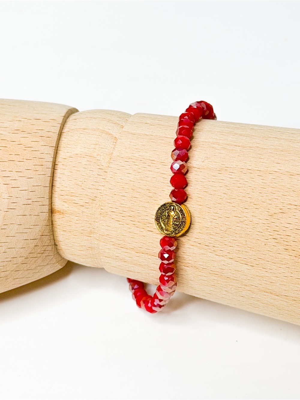 Lemons & Lune Red Faceted Crystal Bead San Benito Medal Bracelet Handmade